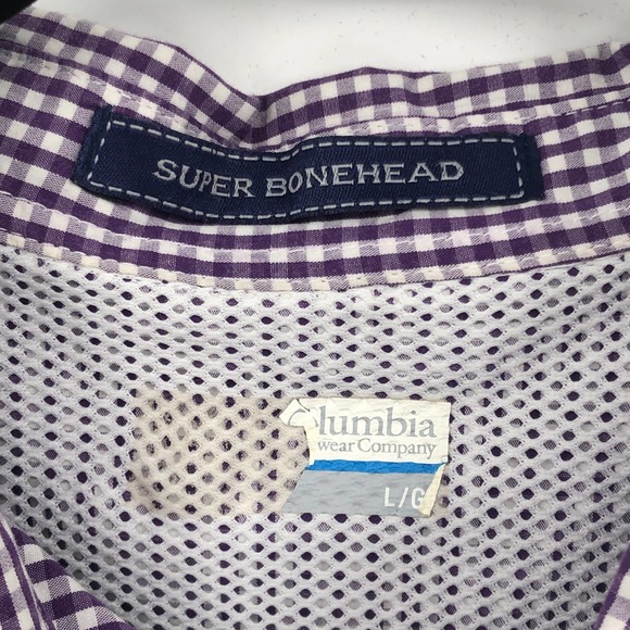 Columbia PFG Button Down Polo Shirt Short Sleeve Gigham Plaid Purple White Large - Picture 8 of 11